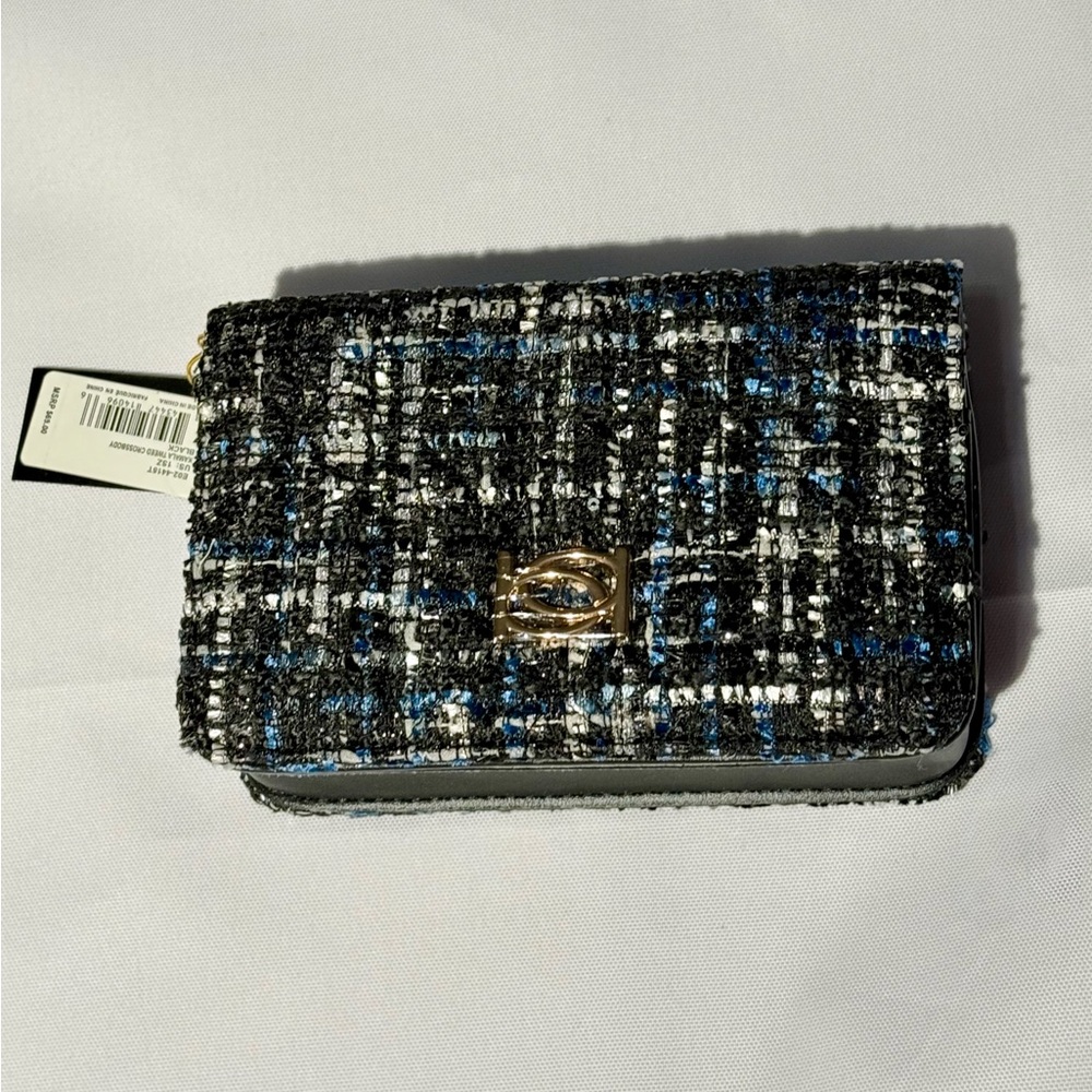 Bebe Kamala Tweed Crossbody Bag Black Blue - NWT - Picture 2 of 12